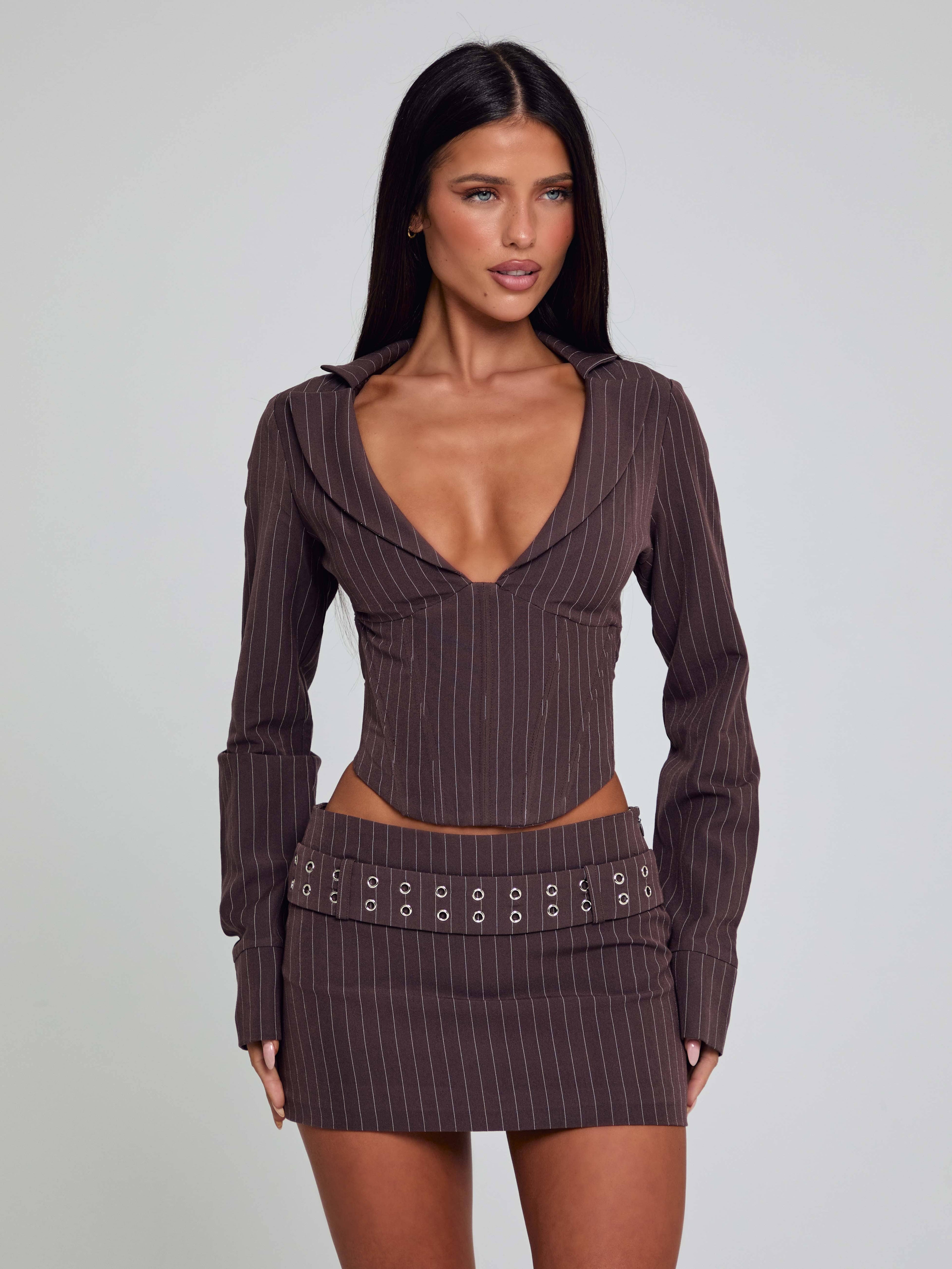KESSIA MINI SKIRT BROWN PINSTRIPE